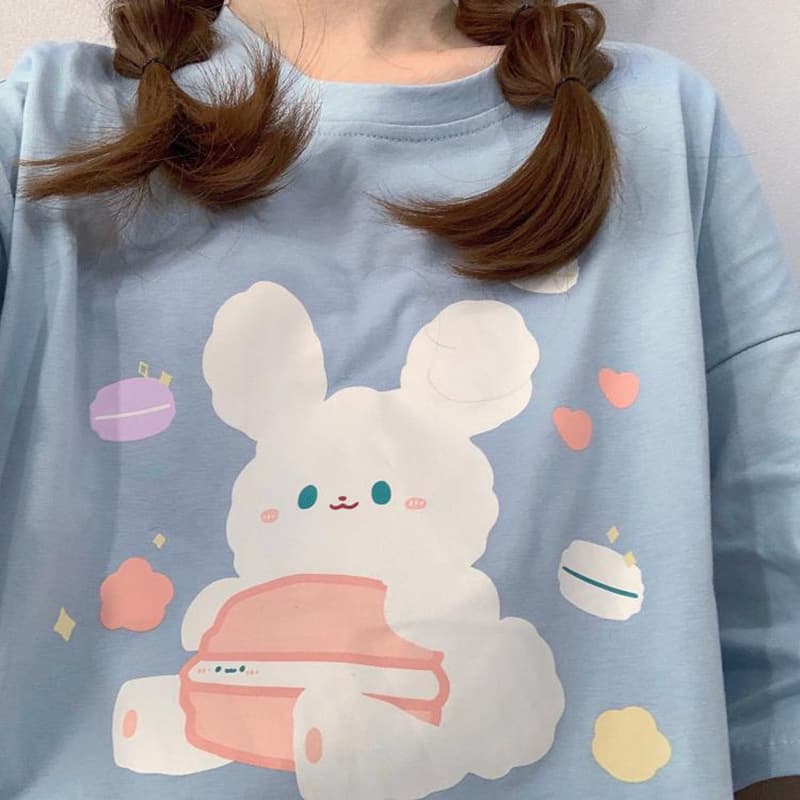 地雷系ファッション マカロンうさぎイラストTシャツ
