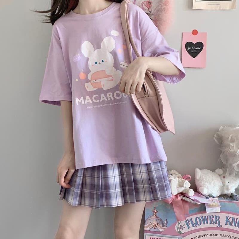 地雷系ファッション マカロンうさぎイラストTシャツ