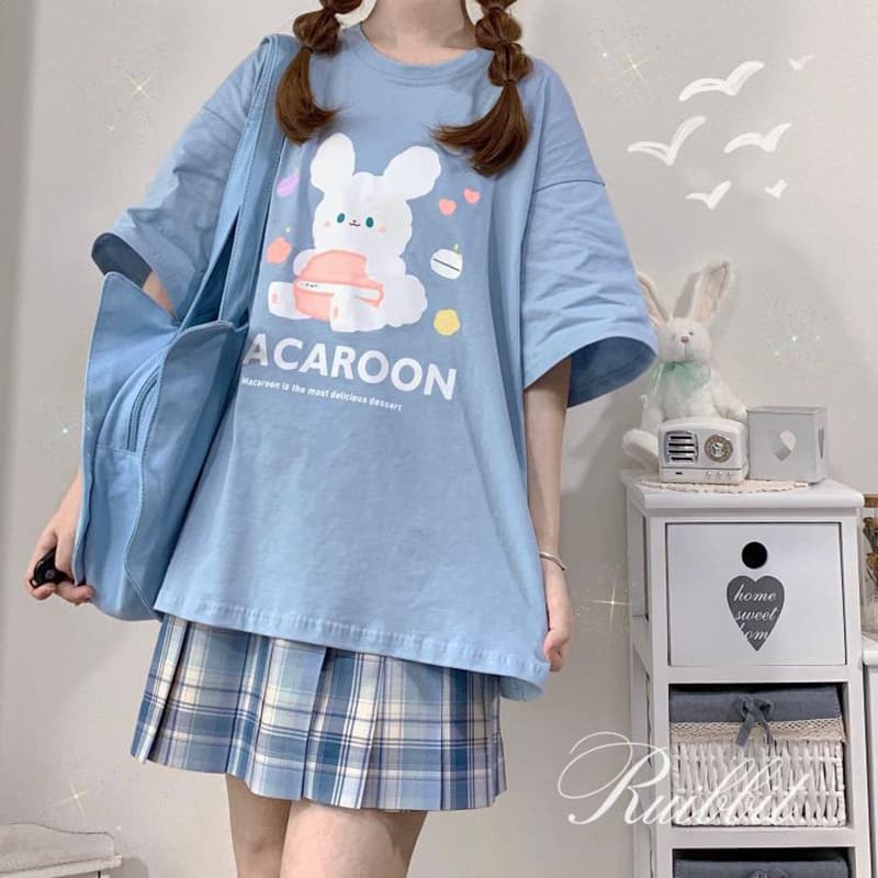 地雷系ファッション マカロンうさぎイラストTシャツ