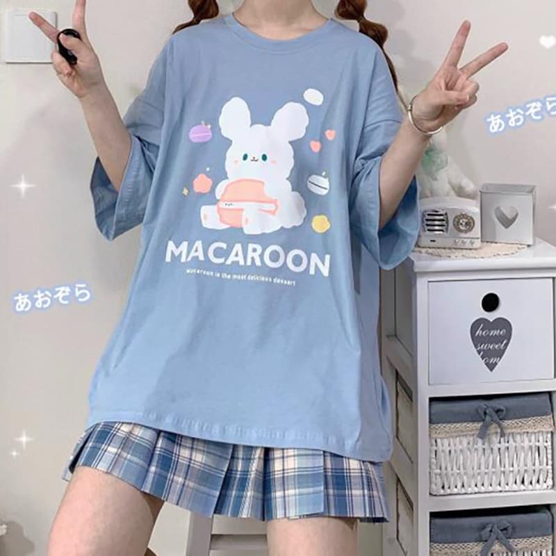 地雷系ファッション マカロンうさぎイラストTシャツ