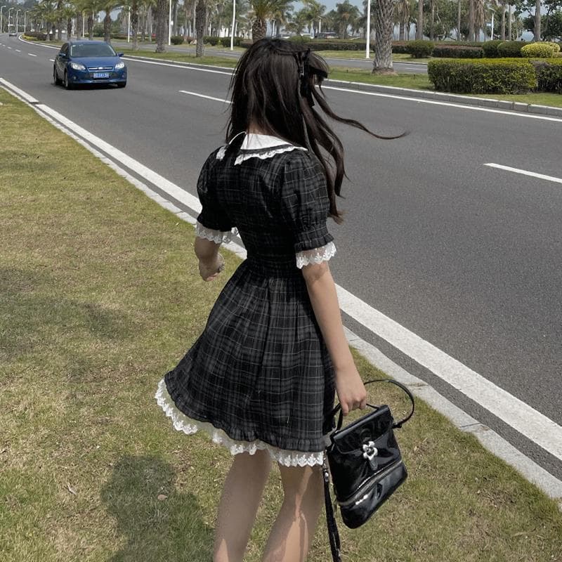 地雷系ファッション チェックウエストスリムワンピース