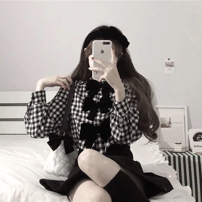 地雷系ファッション ショート丈チェック柄ブラウス+スカート 2点セット