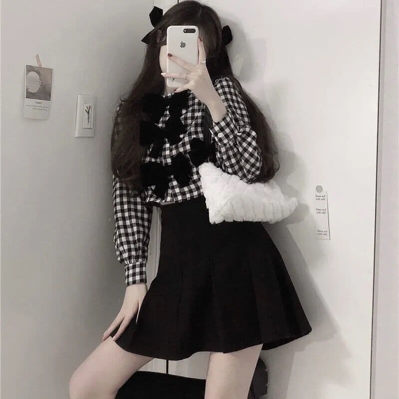 地雷系ファッション ショート丈チェック柄ブラウス+スカート 2点セット
