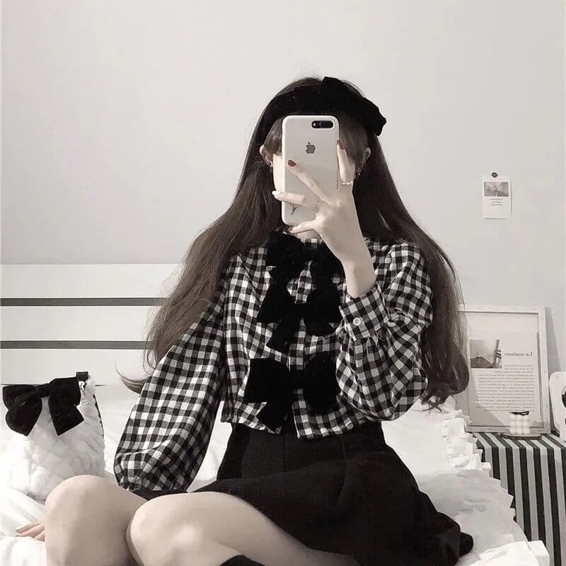 地雷系ファッション ショート丈チェック柄ブラウス+スカート 2点セット