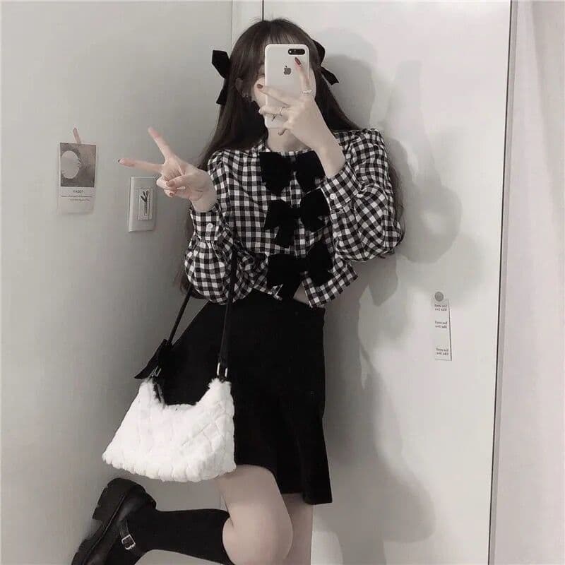 地雷系ファッション ショート丈チェック柄ブラウス+スカート 2点セット