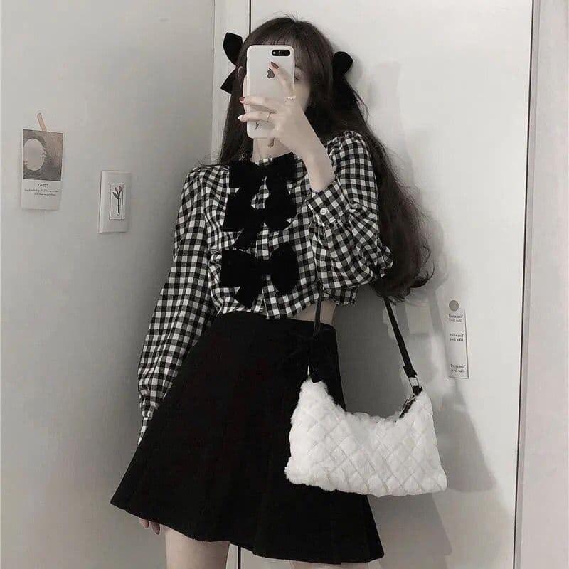 地雷系ファッション ショート丈チェック柄ブラウス+スカート 2点セット
