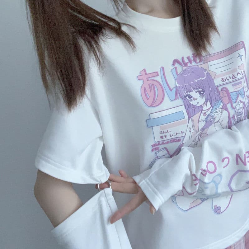 地雷系ファッション ショルダーオフキャラクターTシャツ