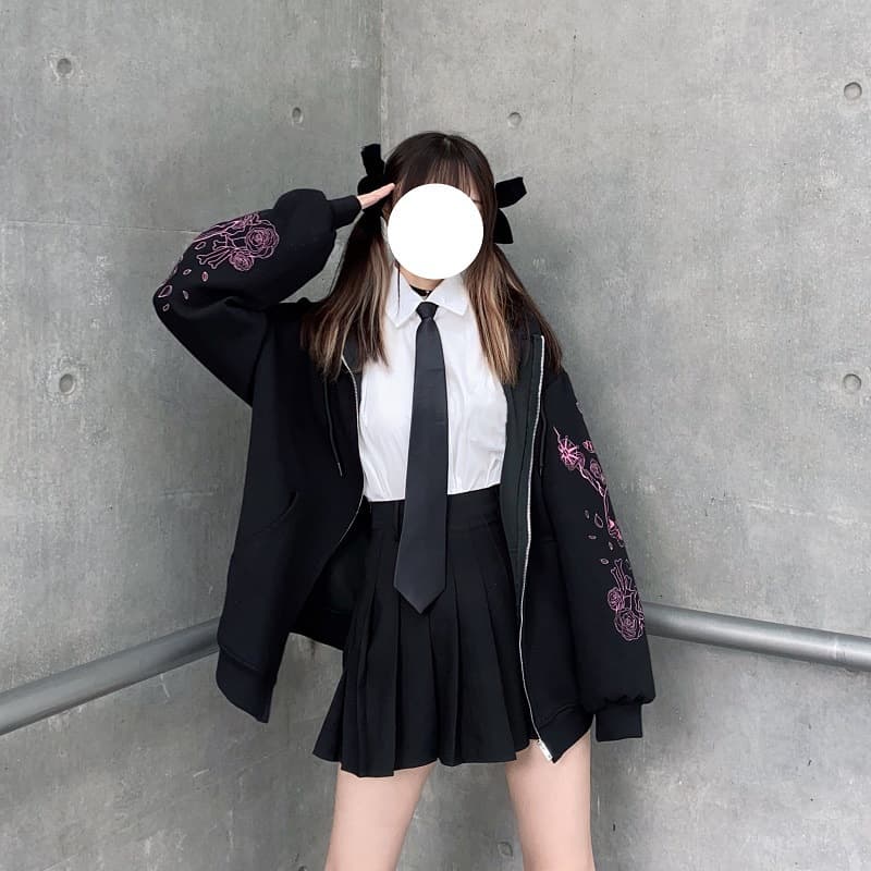 地雷系ファッション ダークプリントフルジップパーカー