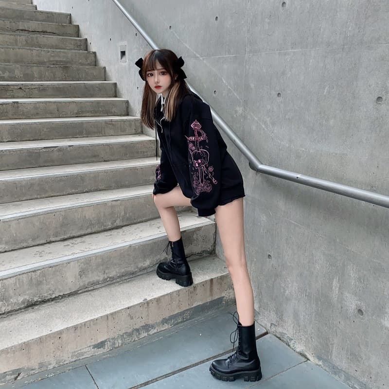 地雷系ファッション ダークプリントフルジップパーカー