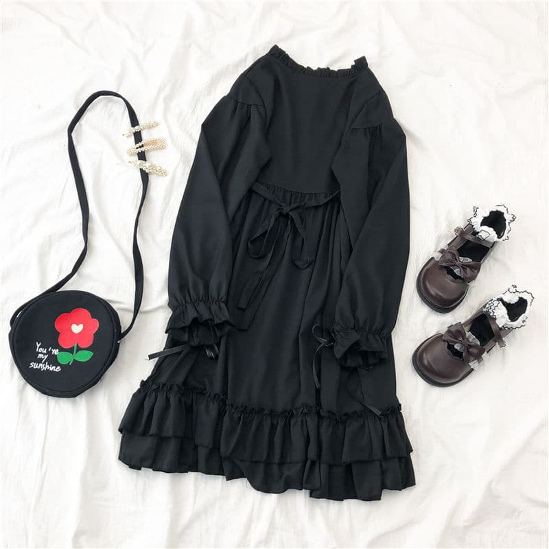 地雷系ファッション ロリータミドル丈フリルスカートワンピース