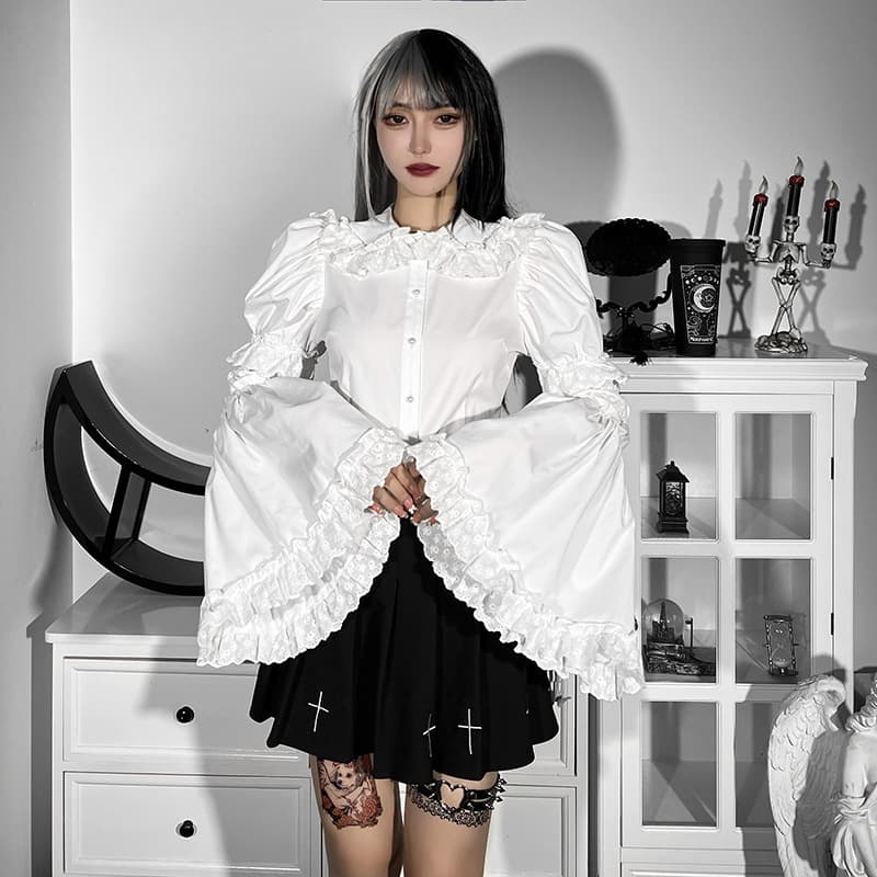 地雷系ファッション ベルスリーブ 襟付きブラウス