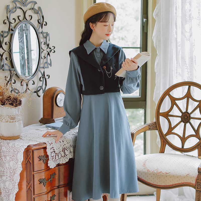 地雷系ファッション 文学少女風のワンピース+ベストセット
