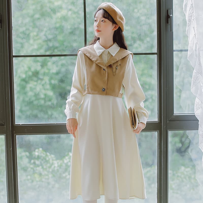 地雷系ファッション 文学少女風のワンピース+ベストセット